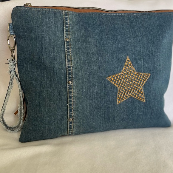 Bohemian Unique Embroidery One-of-a-Kind Denim Patchwork Clutch Wristlet bag - Picture 15 of 15